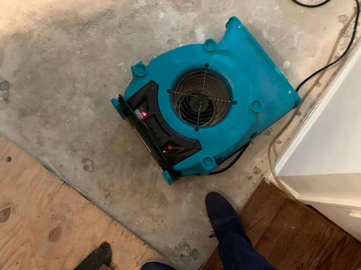 Air mover drying subfloor during Commercial Water Damage Restoration in Globe